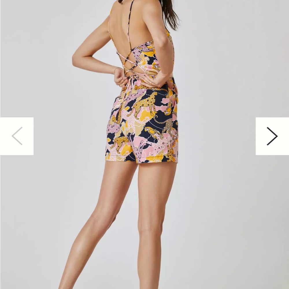 Anthropologie | Pink Navy Yellow Print Backless Romper